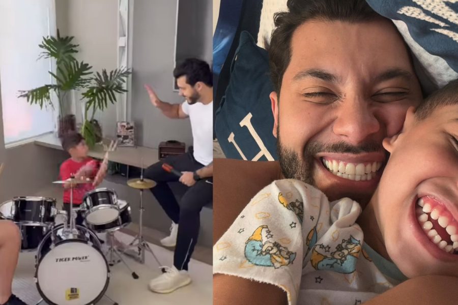 Murilo Huff encanta fãs ao mostrar filho Léo tocando bateria